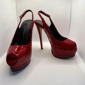 Giuseppe Zanotti Sharon Croc-Embossed Platform Slingback Red Leather Heel 35.5